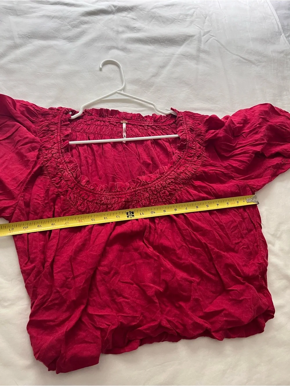 Free People Berry Red Boho Blouse Smocked Neck Embroidered Eyelet Long Sleeve S